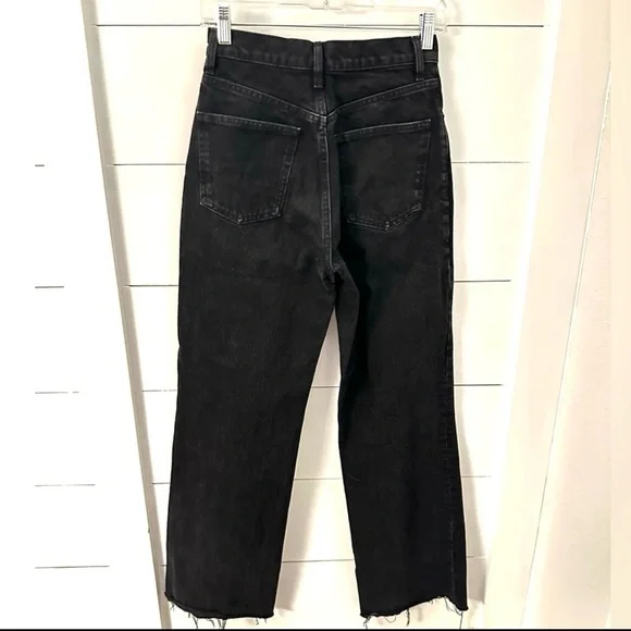 ZARA 2 Black high rise wide leg raw hem 100% cotton woman jean boho - Picture 4 of 14